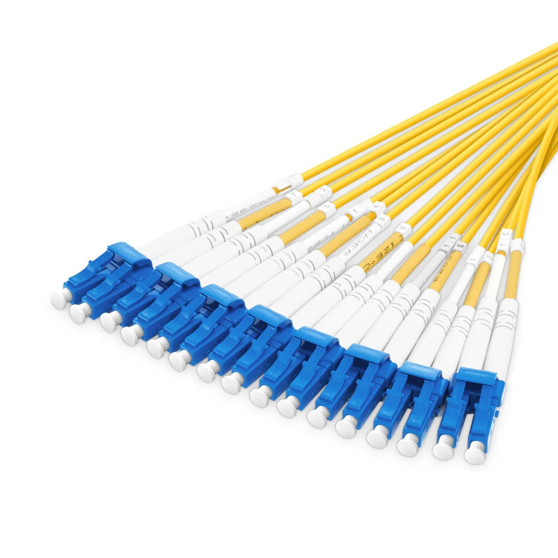 Refurb Squared 1m (3ft) MMC Harness, MMC-16 APC (Female) to 8 x LC UPC Duplex, 16 Fibers, Single Mode (OS2), Plenum (OFNP), 0.35dB Max, Jumper Polarity, Yellow