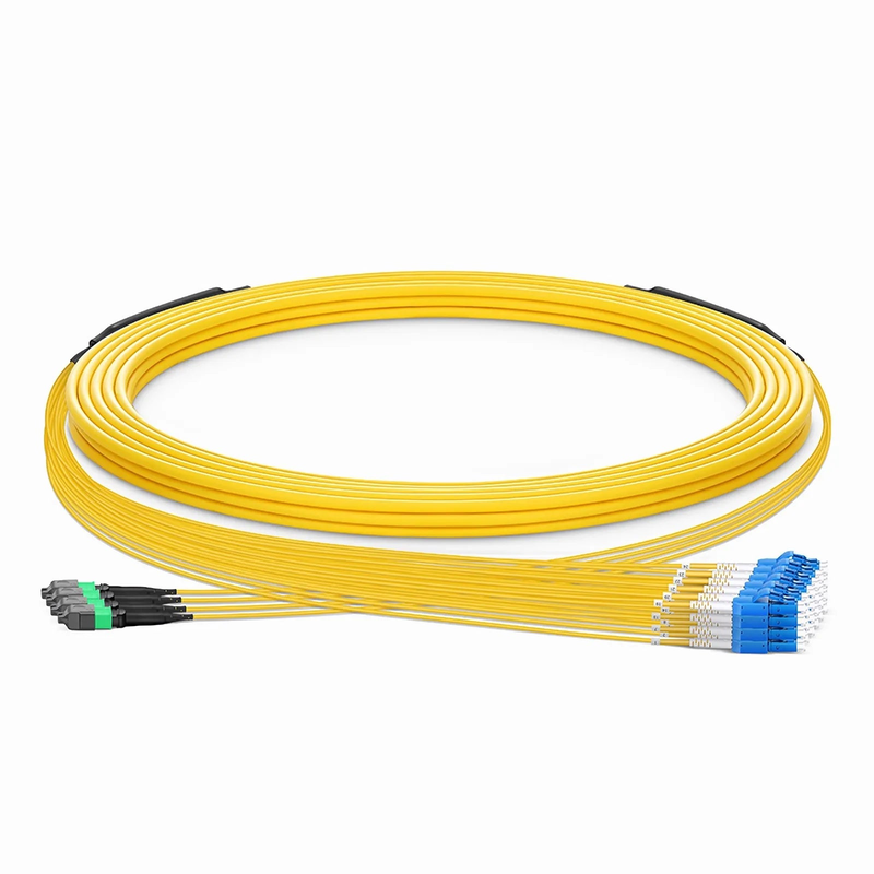 Refurb Squared 30m (98ft) MTP® Hybrid Trunk Cable, MTP®-12 APC (Female) to 6 LC UPC Duplex Uniboot, 48 Fibers, Single Mode (OS2), Plenum (OFNP), 0.35dB Max, Type B, Double Jacket, Yellow