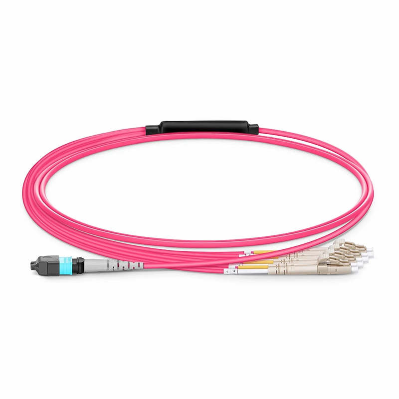 Refurb Squared 1m (3ft) MTP® Harness, MTP®-8 UPC (Female) to 4 x LC UPC Duplex, 8 Fibers, Multimode (OM4), Plenum (OFNP), 0.35dB Max, Type B, Magenta
