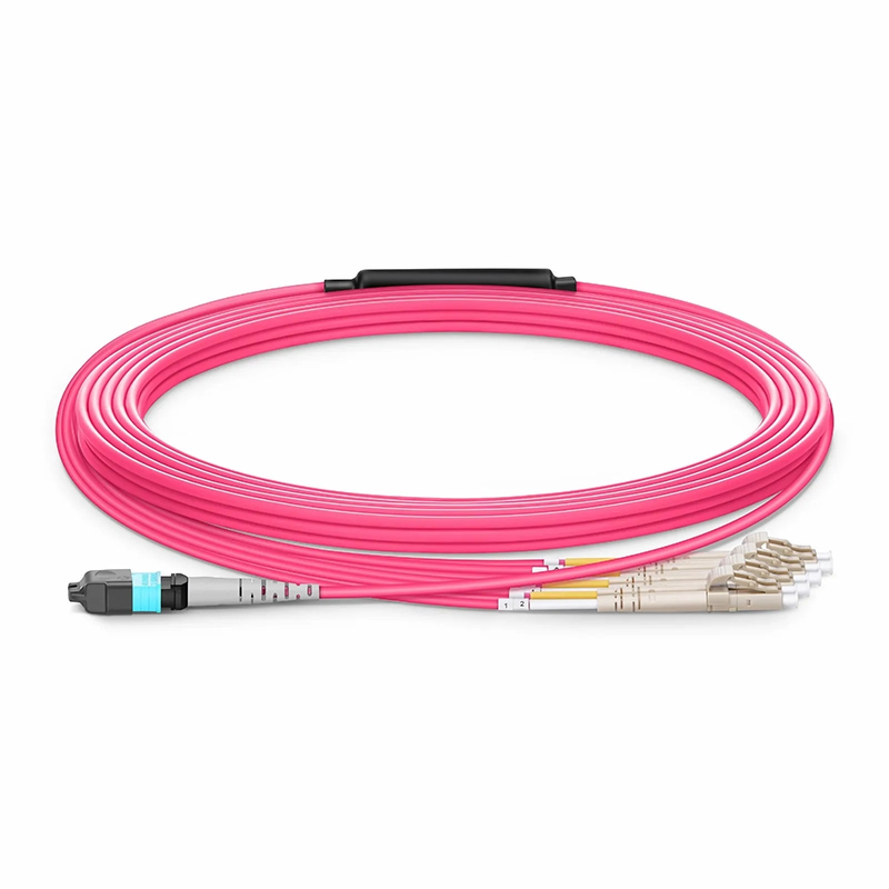 Refurb Squared 10m (33ft) MTP® Harness, MTP®-8 UPC (Female) to 4 x LC UPC Duplex, 8 Fibers, Multimode (OM4), Plenum (OFNP), 0.35dB Max, Type B, Magenta