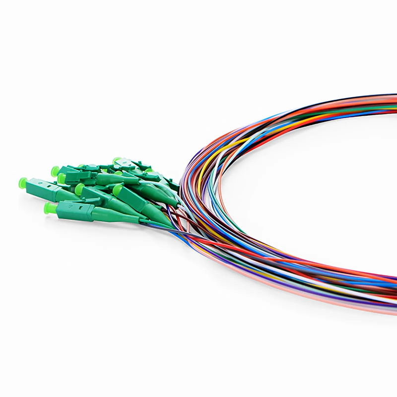 Refurb Squared 2m (7ft) Fiber Pigtail, LC APC to Unterminated, 12 Fibers, Unjacketed Color-Coded, OS2 Single Mode, PVC (Unrated), 0.9mm, 12-Color