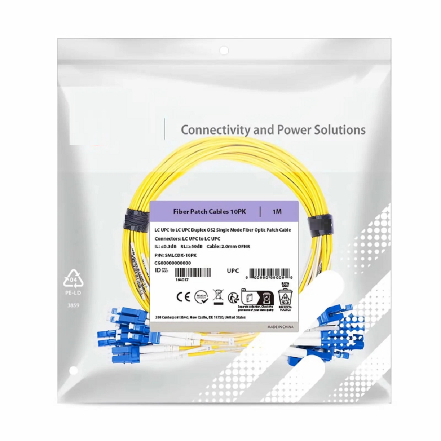 Refurb Squared 1m (3ft) Fiber Patch Cable, 2 Fibers, LC UPC Duplex to LC UPC Duplex, Single Mode (OS2), Riser (OFNR), 2.0mm, Tight-Buffered, Yellow, 10 Pcs/Pack
