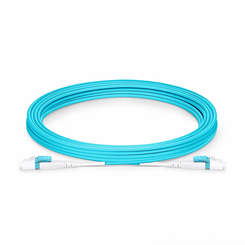 Refurb Squared 5m (16ft) Fiber Patch Cable, 2 Fibers, LC UPC Duplex to LC UPC Duplex Flat Clip Uniboot, Multimode (OM4), Riser (OFNR), 2.0mm, Aqua