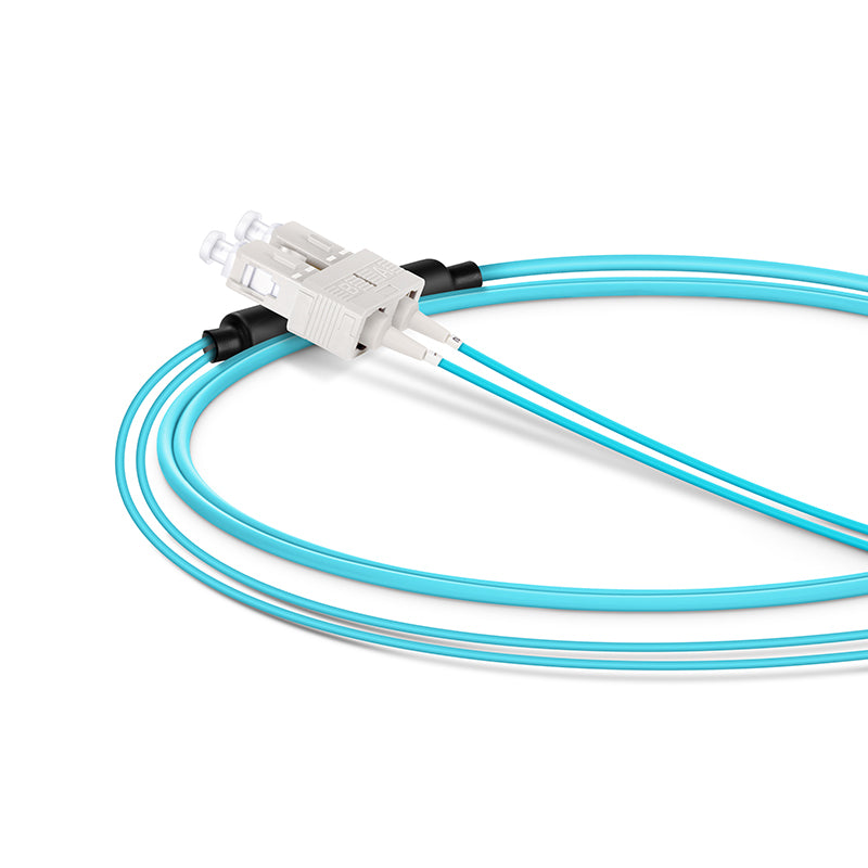 Refurb Squared 1m (3ft) Fiber Patch Cable, 2 Fibers, LC UPC Duplex Standard Clip Uniboot to SC UPC Duplex, Multimode (OM4), Riser (OFNR), 2.0/0.9mm, Aqua