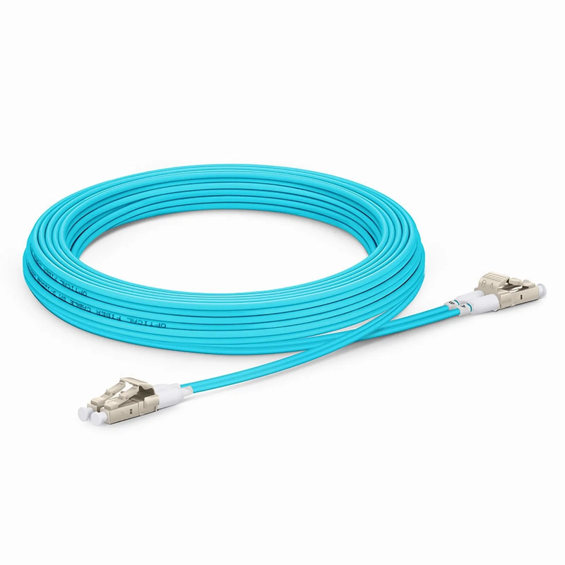 Refurb Squared 5m (16ft) Fiber Patch Cable, 2 Fibers, Short Boot, LC UPC Duplex to LC UPC Duplex, Multimode (OM3), Riser (OFNR), 2.0mm, Tight-Buffered, Aqua