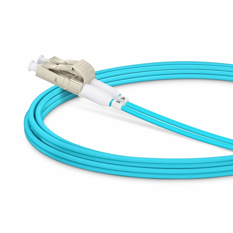 Refurb Squared 2m (7ft) Fiber Patch Cable, 2 Fibers, Short Boot, LC UPC Duplex to LC UPC Duplex, Multimode (OM3), Riser (OFNR), 2.0mm, Tight-Buffered, Aqua