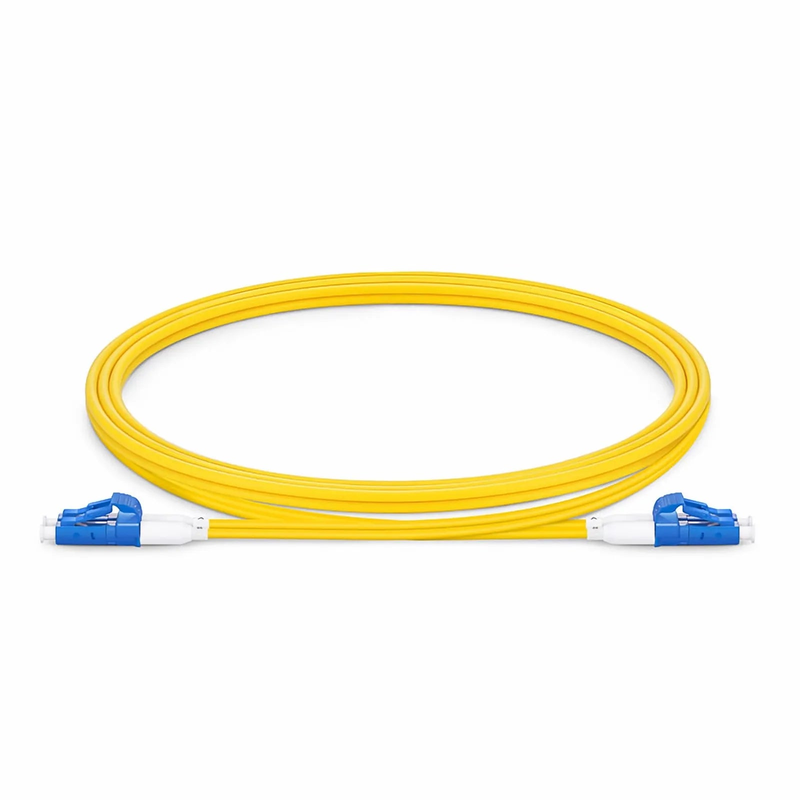 Refurb Squared 1.5m (5ft) Fiber Patch Cable, 2 Fibers, Short Boot, LC UPC Duplex to LC UPC Duplex, Single Mode (OS2), Riser (OFNR), 2.0mm, Tight-Buffered, Yellow