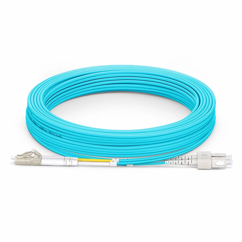 Refurb Squared 10m (33ft) Fiber Patch Cable, 2 Fibers, LC UPC Duplex to SC UPC Duplex, Multimode (OM3), Riser (OFNR), 2.0mm, Tight-Buffered, Aqua