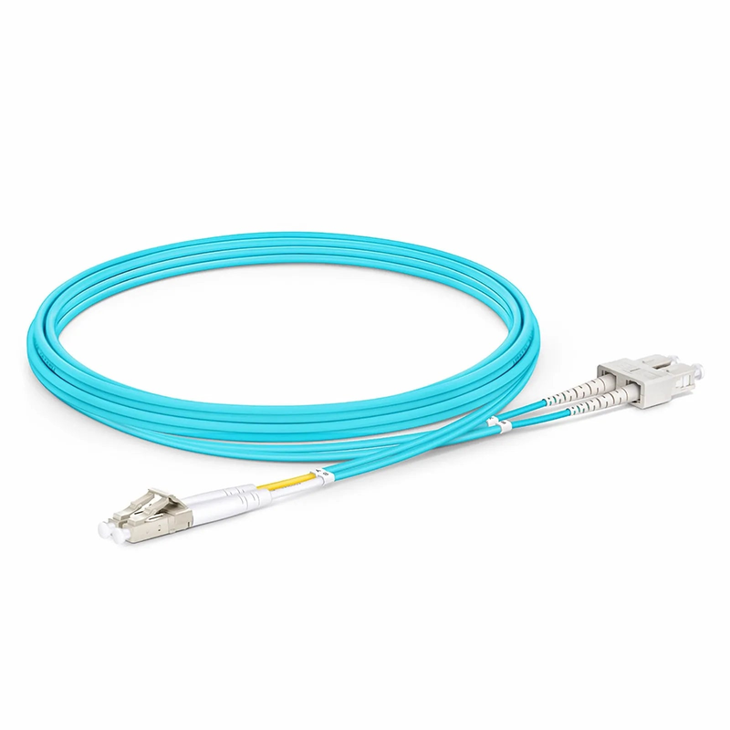 Refurb Squared 2m (7ft) Fiber Patch Cable, 2 Fibers, LC UPC Duplex to SC UPC Duplex, Multimode (OM3), Riser (OFNR), 2.0mm, Tight-Buffered, Aqua