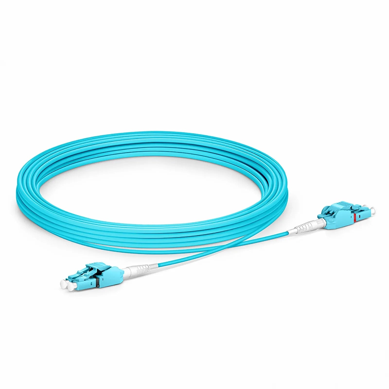 Refurb Squared 5m (16ft) Fiber Patch Cable, 2 Fibers, LC UPC Duplex to LC UPC Duplex Switchable Clip Uniboot, Multimode (OM4), Riser (OFNR), 2.0mm, Aqua