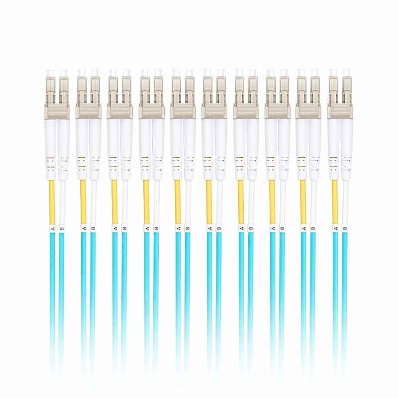 Refurb Squared 2m (7ft) Fiber Patch Cable, 2 Fibers, LC UPC Duplex to LC UPC Duplex, Multimode (OM4), Riser (OFNR), 2.0mm, Tight-Buffered, Aqua, 10 Pcs/Pack