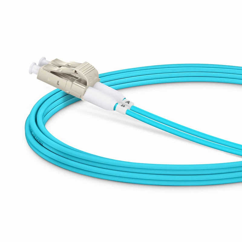 Refurb Squared 2m (7ft) Fiber Patch Cable, 2 Fibers, Short Boot, LC UPC Duplex to LC UPC Duplex, Multimode (OM4), Riser (OFNR), 2.0mm, Tight-Buffered, Aqua