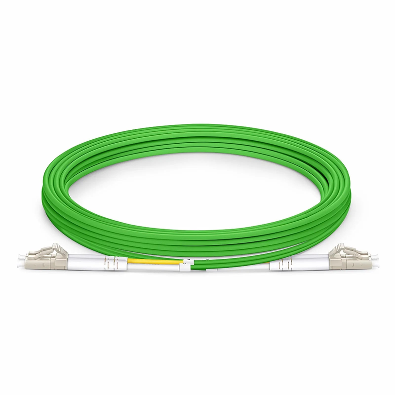 Refurb Squared 3m (10ft) Fiber Patch Cable, 2 Fibers, LC UPC Duplex to LC UPC Duplex, Multimode (OM5), Riser (OFNR), 2.0mm, Tight-Buffered, Lime Green