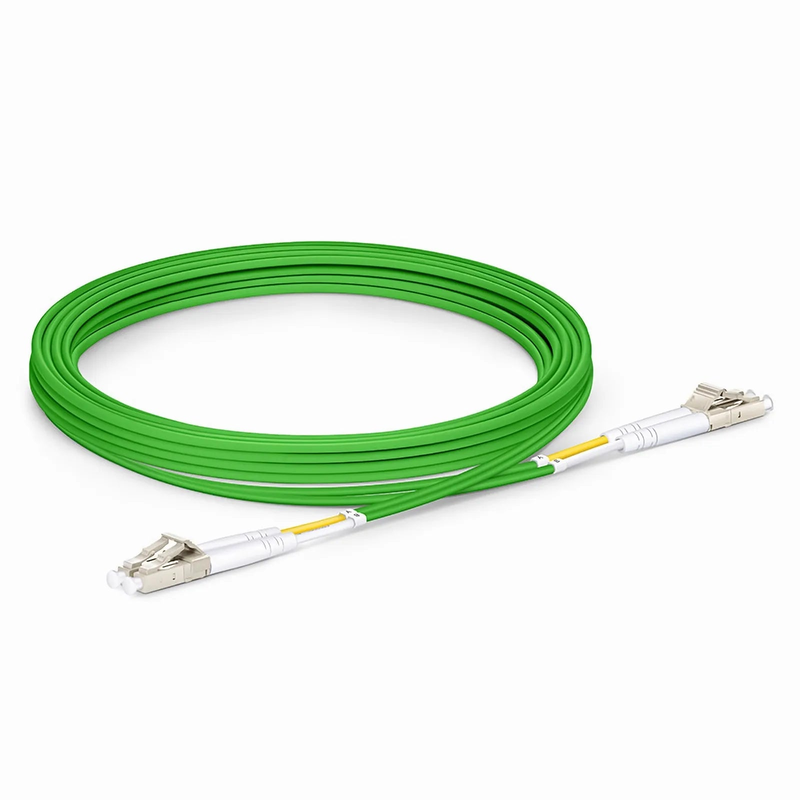 Refurb Squared 3m (10ft) Fiber Patch Cable, 2 Fibers, LC UPC Duplex to LC UPC Duplex, Multimode (OM5), Riser (OFNR), 2.0mm, Tight-Buffered, Lime Green