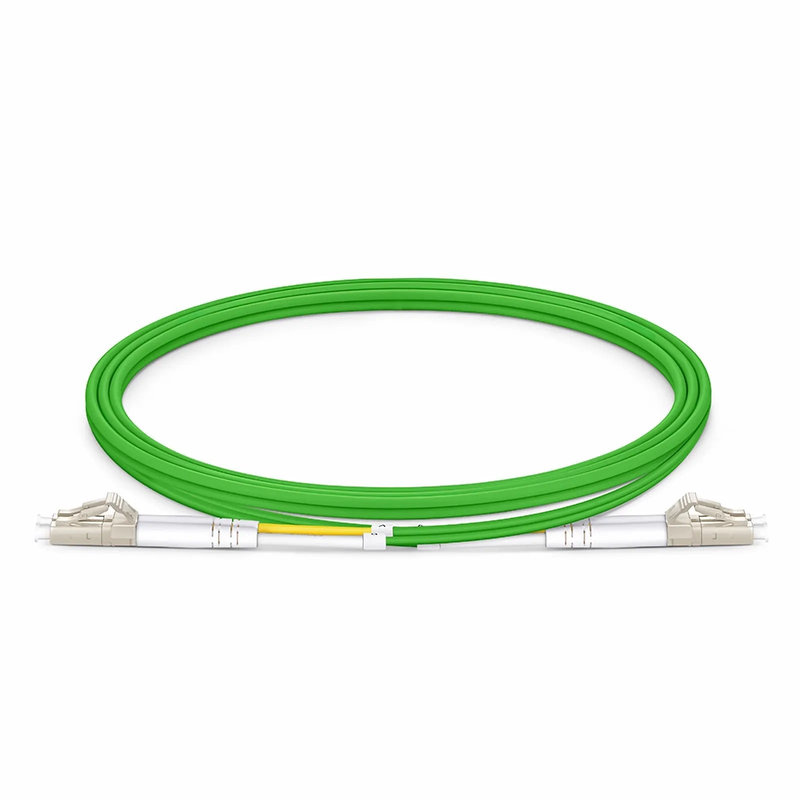Refurb Squared 1m (3ft) Fiber Patch Cable, 2 Fibers, LC UPC Duplex to LC UPC Duplex, Multimode (OM5), Riser (OFNR), 2.0mm, Tight-Buffered, Lime Green