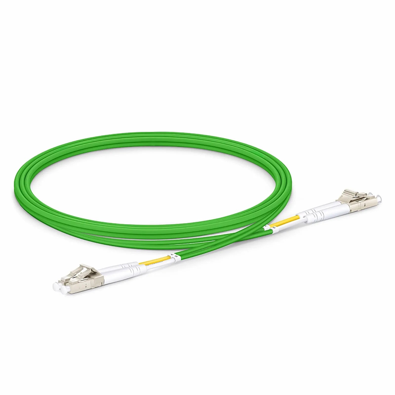Refurb Squared 1m (3ft) Fiber Patch Cable, 2 Fibers, LC UPC Duplex to LC UPC Duplex, Multimode (OM5), Riser (OFNR), 2.0mm, Tight-Buffered, Lime Green