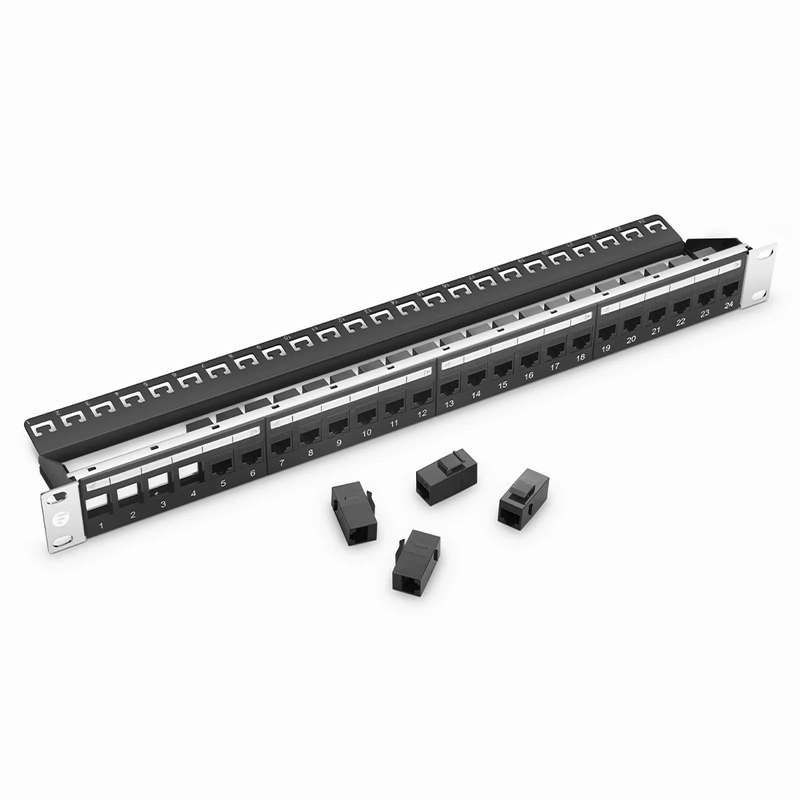 Refurb Squared Cat5e Coupler Patch Panel, 24-Port, 1RU, Cable Management Bar Included