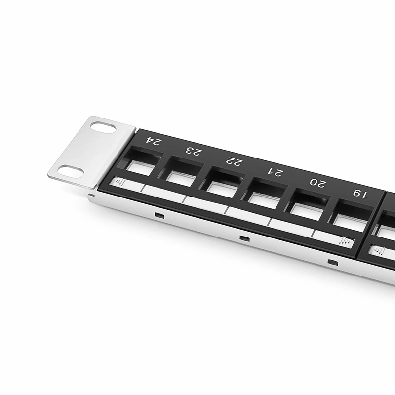 Refurb Squared Blank Shielded/UnShielded Patch Panel for Keystone Modules, 24-Port, 1RU, Cable Management Bar Included, Black