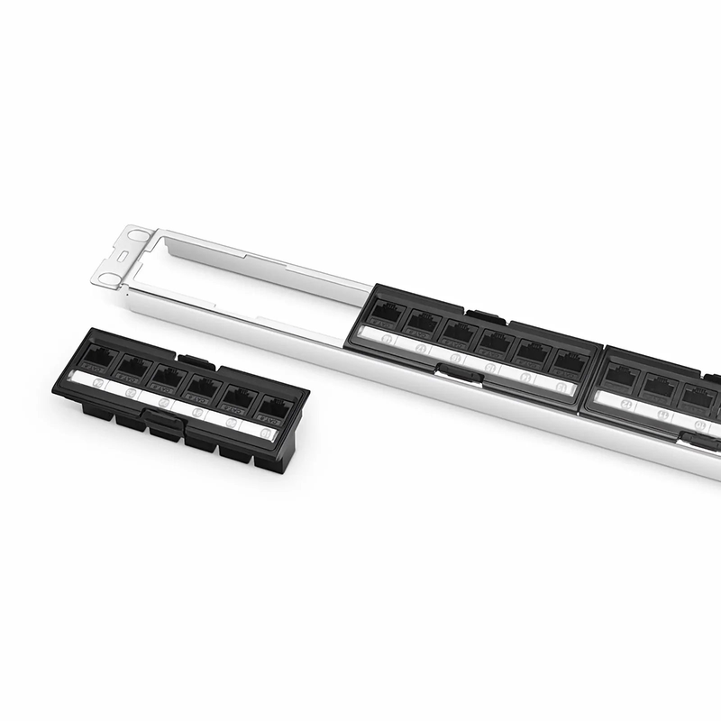 Refurb Squared FDMP Cat6 Unshielded Coupler Recessed Patch Panel, 24-Port, 1RU, Cable Management Bar Included