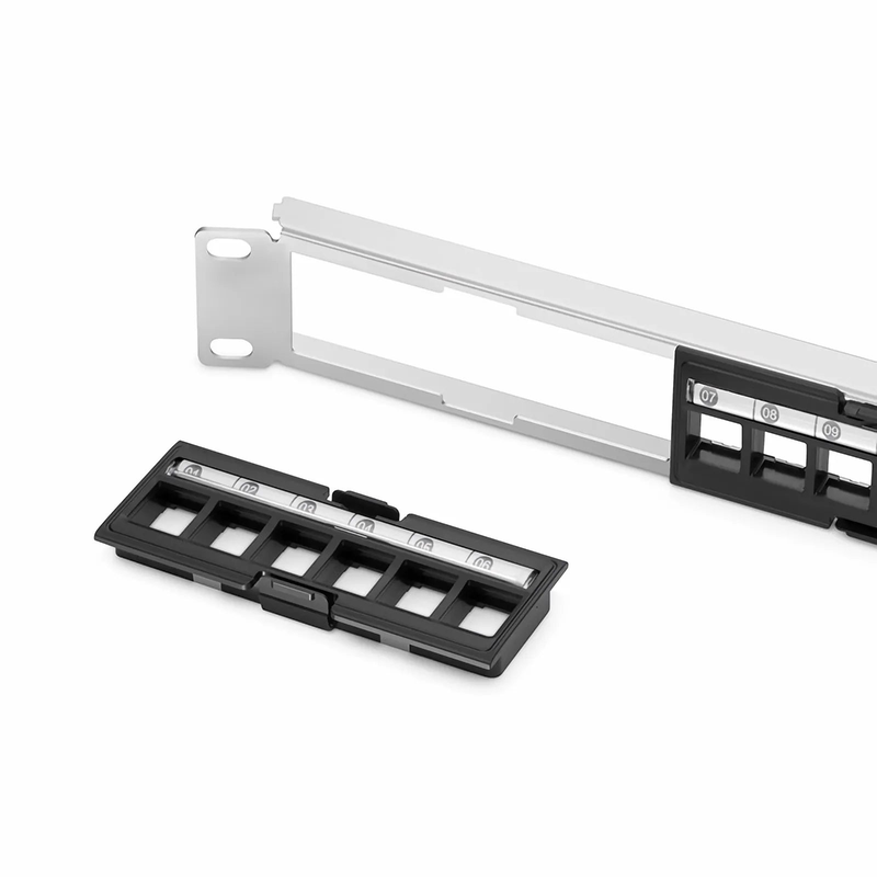 Refurb Squared FDMP Blank Shielded/UnShielded Angled Recessed Patch Panel for Keystone Modules, 24-Port, 1RU, Cable Management Bar Included, Black