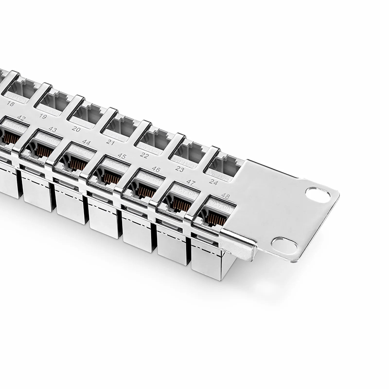Refurb Squared FDMP Cat6a Shielded Coupler Flat Patch Panel, 48-Port, 1RU, Cable Management Bar Included
