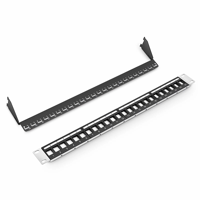 Refurb Squared Blank Shielded/UnShielded Patch Panel for Keystone Modules, 24-Port, 1RU, Cable Management Bar Included, Black
