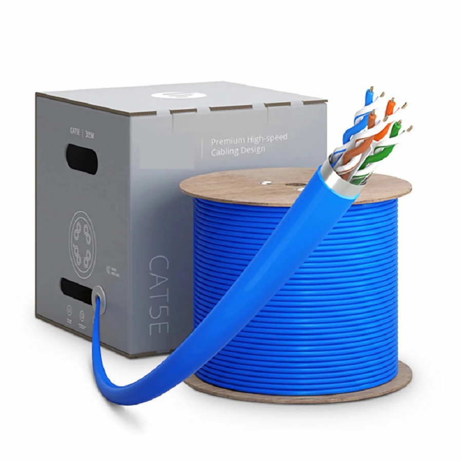 Refurb Squared Cat5e Ethernet Bulk Cable, 1000ft (305m), 24AWG Solid Pure Bare Copper Wire, 350MHz, Shielded (F/UTP), PVC CMR, with Reel (Blue)