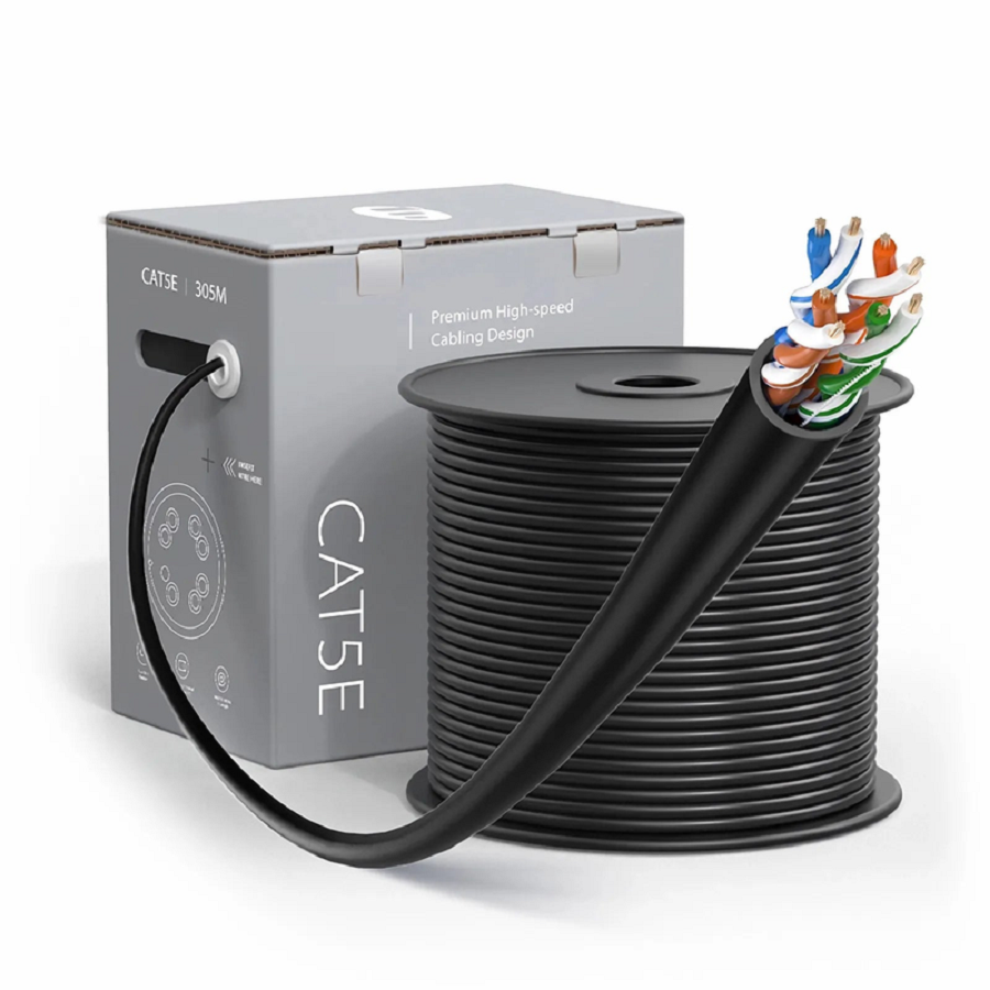 Refurb Squared Cat5e Ethernet Bulk Cable, 1000ft (305m), UL Listed, 24AWG Stranded Pure Bare Copper Wire, 350MHz, Unshielded (UTP), PVC CM, with Reel (Black)
