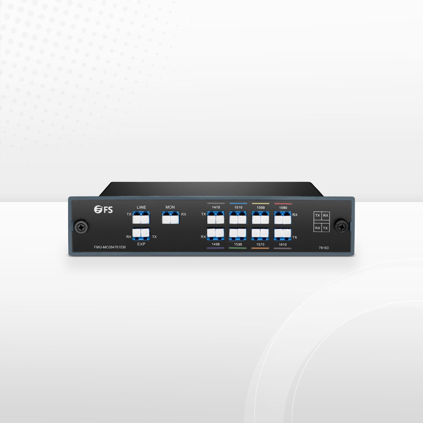 8 Channels CWDM Mux Demux, 1470-1610nm, with Monitor and Expansion Port, 2.0dB Typical IL, LC/UPC, Dual Fiber, FMU Plug-in Module