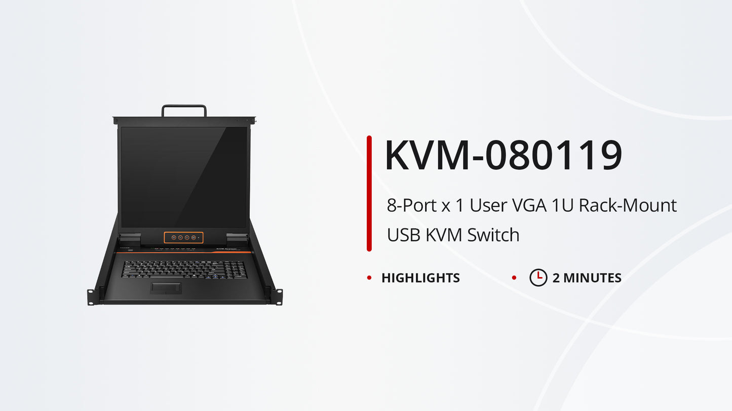 8-Port x1 User VGA 1U Rack-Mount USB KVM Switch with 19" LED, 8 x VGA Cables Included