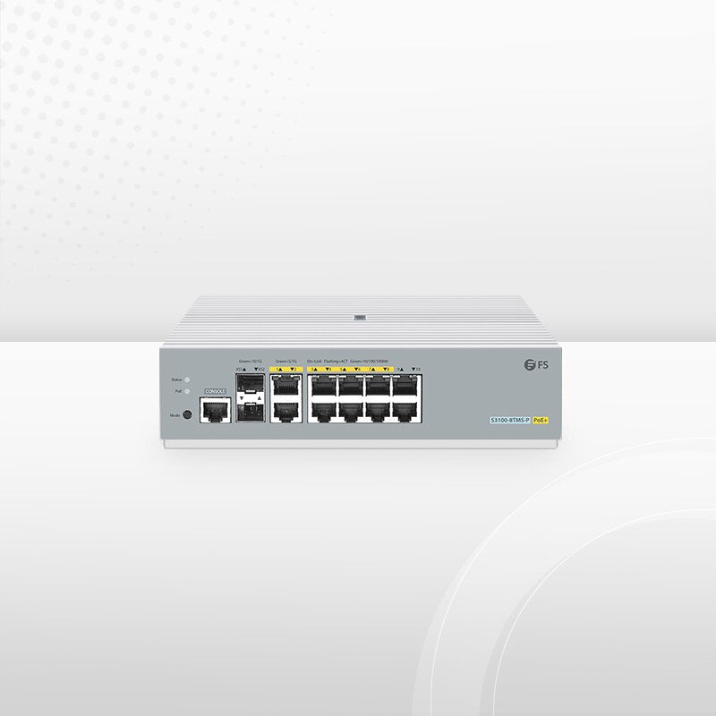 S3100-8TMS-P, 8-Port Gigabit Ethernet L2+ PoE+ Switch, 6 x PoE+ Ports, 2 x 5Gb PoE+ Ports@125W, 2 x 1Gb RJ45, with 2 x 10Gb SFP+ Uplinks, Broadcom Chip, Fanless