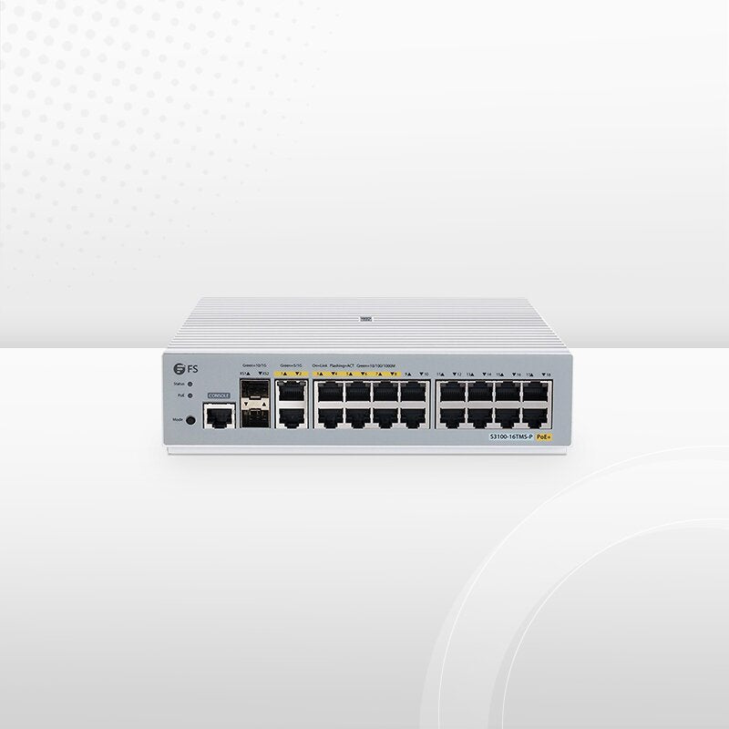 S3100-16TMS-P, 16-Port Gigabit Ethernet L2+ PoE+ Switch, 6 x PoE+ Ports, 2 x 5Gb PoE+ Ports@125W, 10 x 1Gb RJ45, with 2 x 10Gb SFP+ Uplinks, Broadcom Chip, Fanless