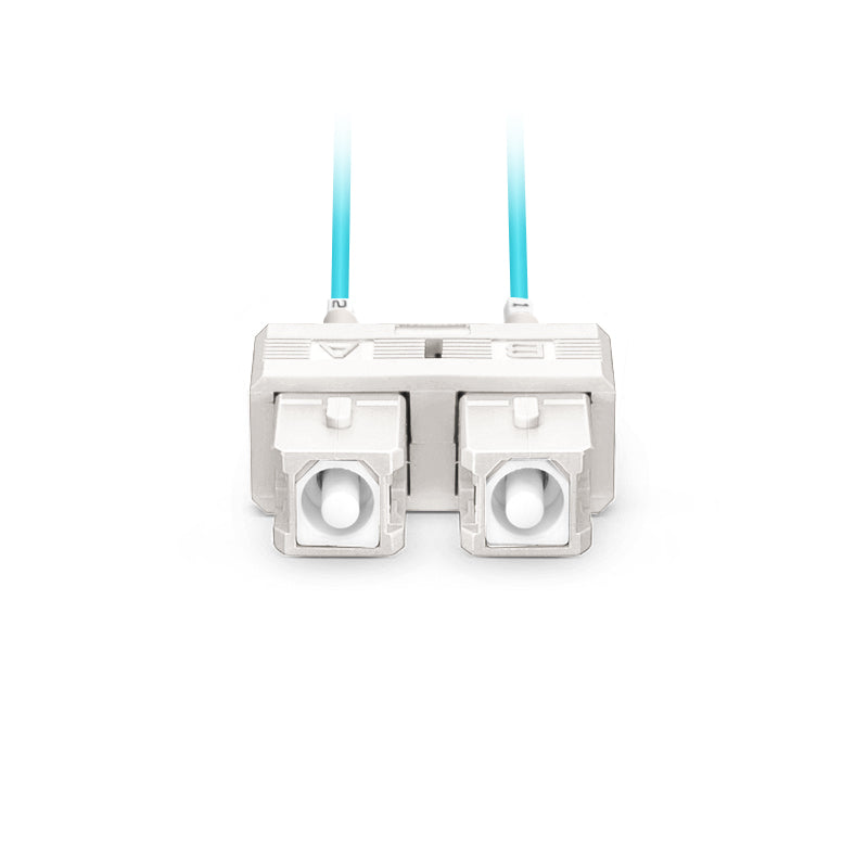 10m (33ft) Fiber Patch Cable, 2 Fibers, LC UPC Duplex Standard Clip Uniboot to SC UPC Duplex, Multimode (OM4), Riser (OFNR), 2.0/0.9mm, Aqua