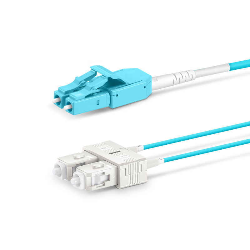 10m (33ft) Fiber Patch Cable, 2 Fibers, LC UPC Duplex Standard Clip Uniboot to SC UPC Duplex, Multimode (OM4), Riser (OFNR), 2.0/0.9mm, Aqua
