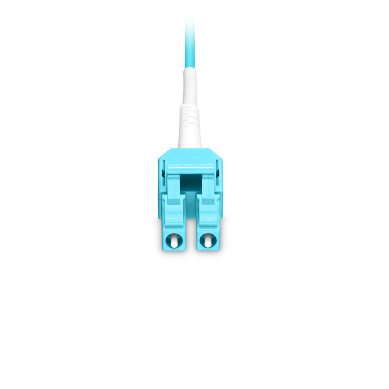 10m (33ft) Fiber Patch Cable, 2 Fibers, LC UPC Duplex Standard Clip Uniboot to SC UPC Duplex, Multimode (OM4), Riser (OFNR), 2.0/0.9mm, Aqua