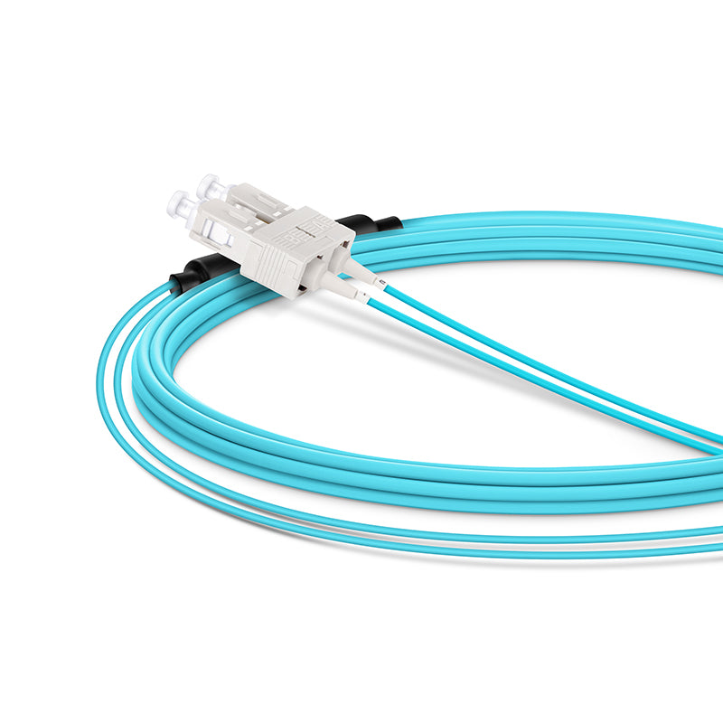 5m (16ft) Fiber Patch Cable, 2 Fibers, LC UPC Duplex Standard Clip Uniboot to SC UPC Duplex, Multimode (OM4), Riser (OFNR), 2.0/0.9mm, Aqua