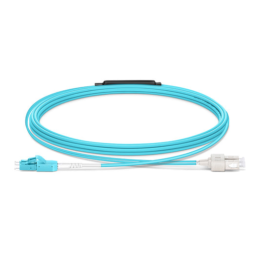 4m (13ft) Fiber Patch Cable, 2 Fibers, LC UPC Duplex Standard Clip Uniboot to SC UPC Duplex, Multimode (OM4), Riser (OFNR), 2.0/0.9mm, Aqua