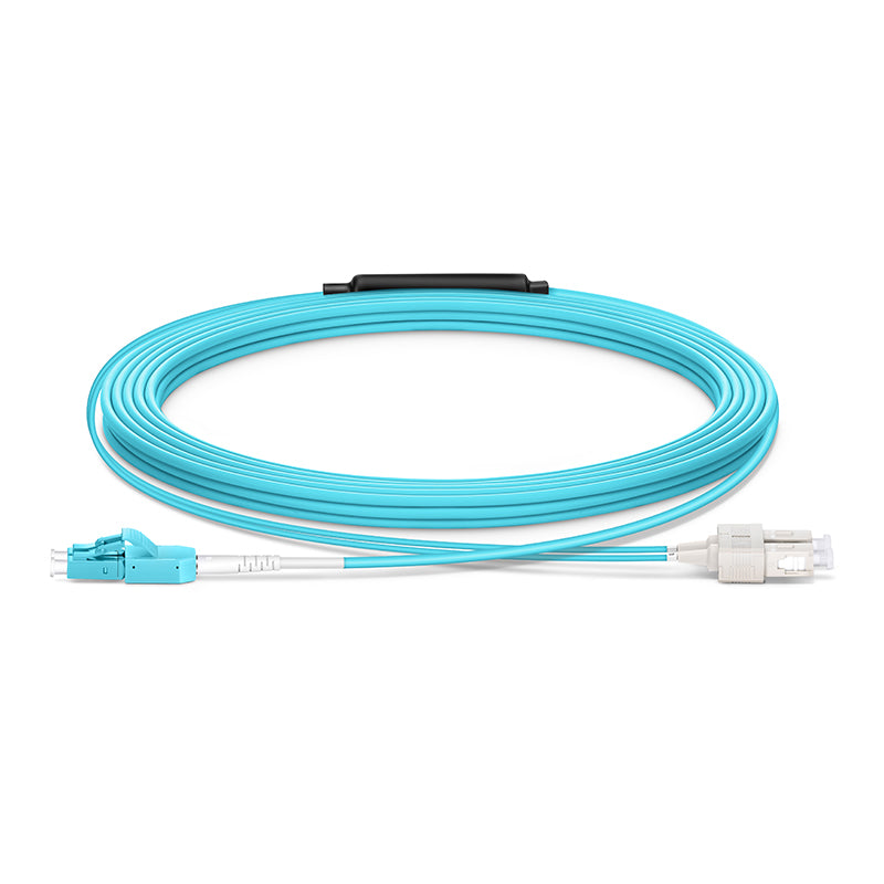 10m (33ft) Fiber Patch Cable, 2 Fibers, LC UPC Duplex Standard Clip Uniboot to SC UPC Duplex, Multimode (OM4), Riser (OFNR), 2.0/0.9mm, Aqua