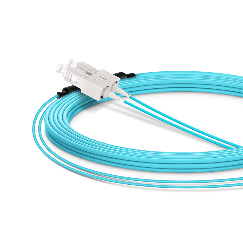10m (33ft) Fiber Patch Cable, 2 Fibers, LC UPC Duplex Standard Clip Uniboot to SC UPC Duplex, Multimode (OM4), Riser (OFNR), 2.0/0.9mm, Aqua