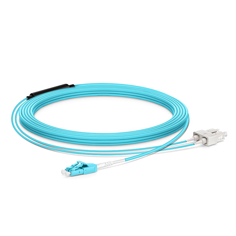 10m (33ft) Fiber Patch Cable, 2 Fibers, LC UPC Duplex Standard Clip Uniboot to SC UPC Duplex, Multimode (OM4), Riser (OFNR), 2.0/0.9mm, Aqua