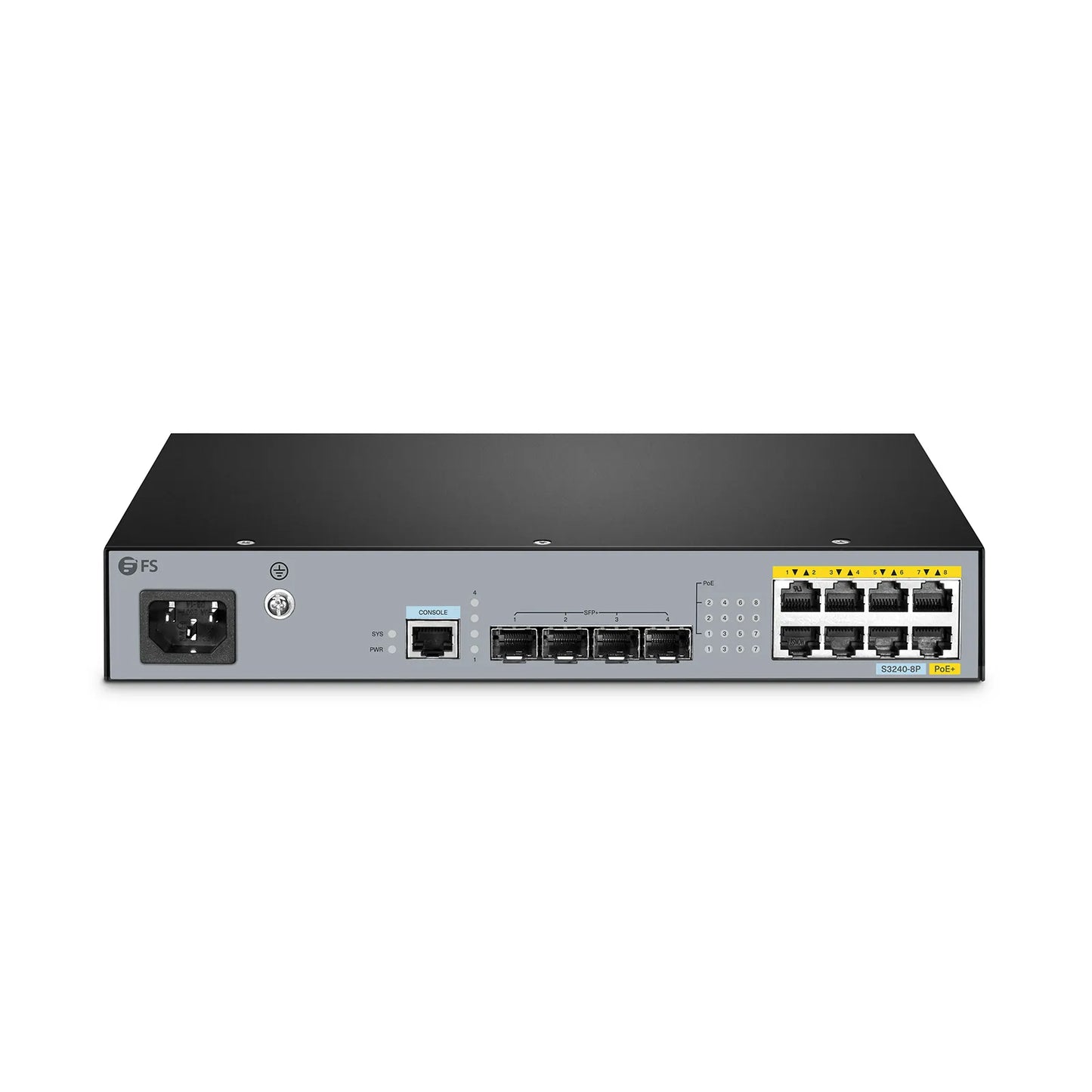 S3240-8P, 8-Port Gigabit Ethernet L2+ PoE+ Switch, 8 x PoE+ Ports@120W, with 4 x 10Gb SFP+ Uplinks, PicOS®, Fanless