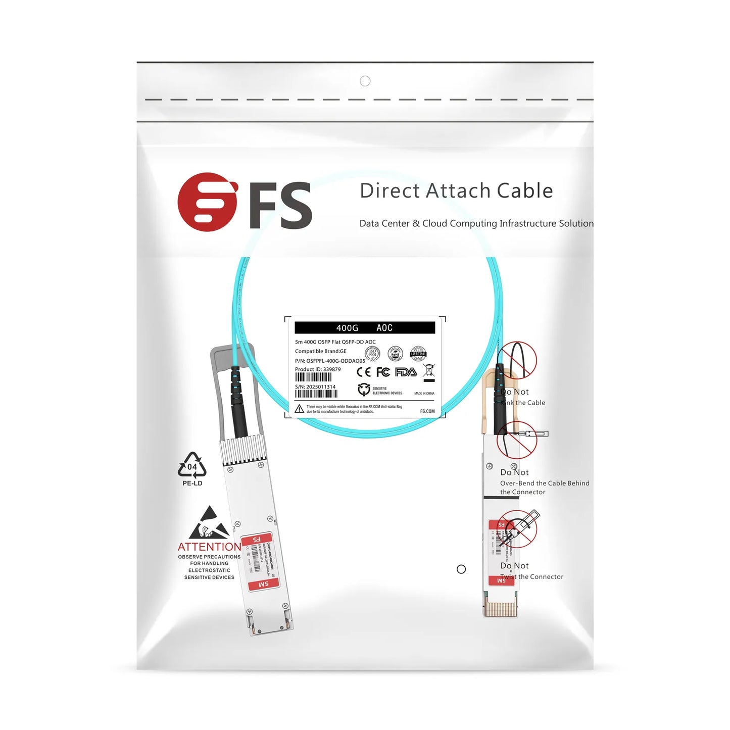 5m (16ft) Cisco Compatible 400G OSFP 8 x 50G PAM4 Flat Top to 400G QSFP-DD 8 x 50G PAM4 Active Optical Cable