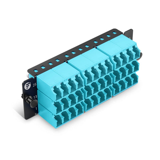 FHD™ Fiber Adapter Panel, 36 Fibers OM4 Multimode, 18 x Shuttered LC UPC Duplex (Aqua) Adapter, Ceramic Sleeve