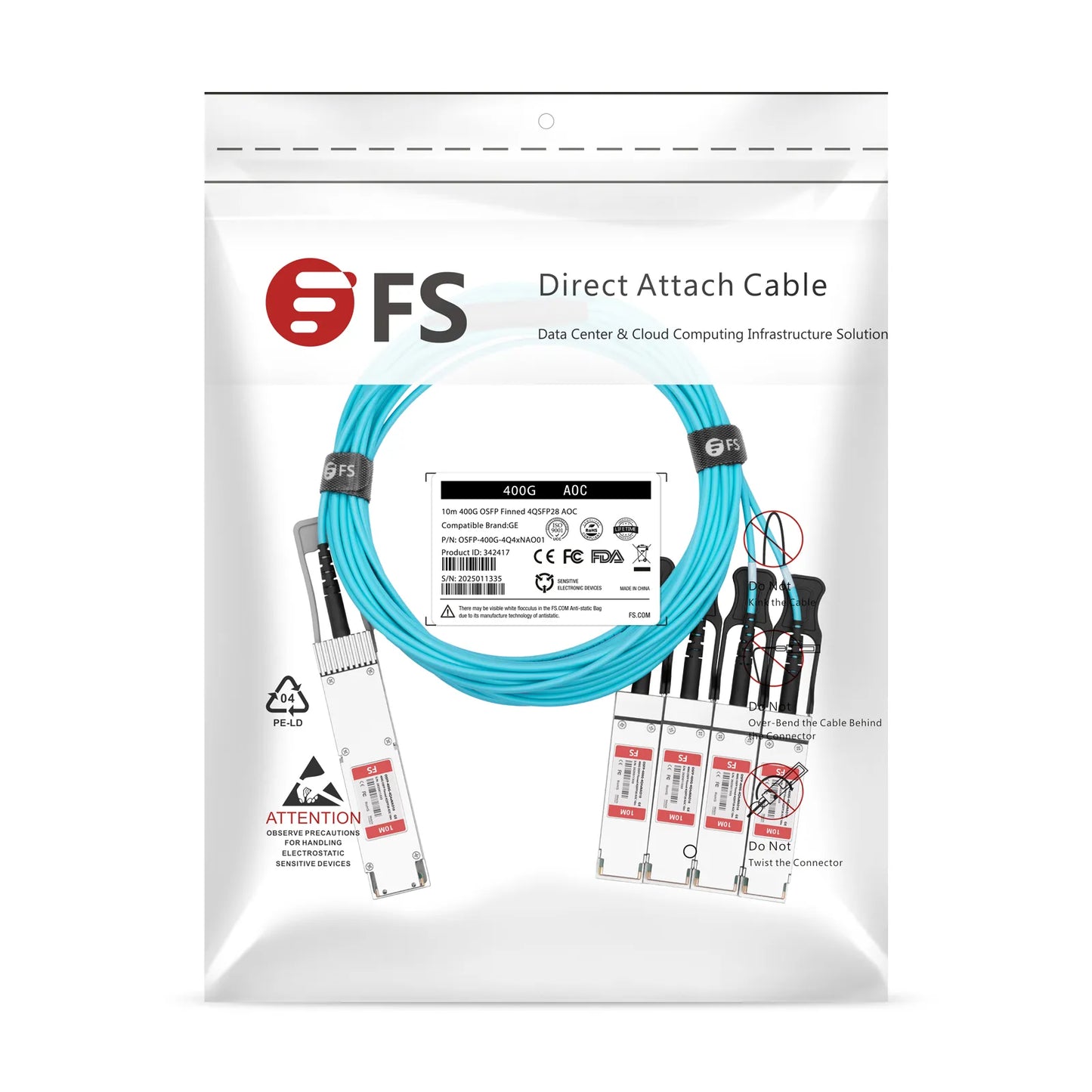 10m (33ft) 400G OSFP 8 x 50G PAM4 Finned Top to 4 x 100G QSFP28 4 x 25G NRZ Active Optical Breakout Cable for FS Switches