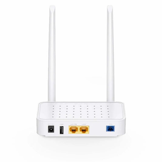 ONU1910-1GF-W, XPON (GPON + EPON) ONU, with 1 x PON, 1 x GE, 1 x FE, 1 x USB, and 2 x External Antennas (2.4GHz, 300Mbps WiFi 4)
