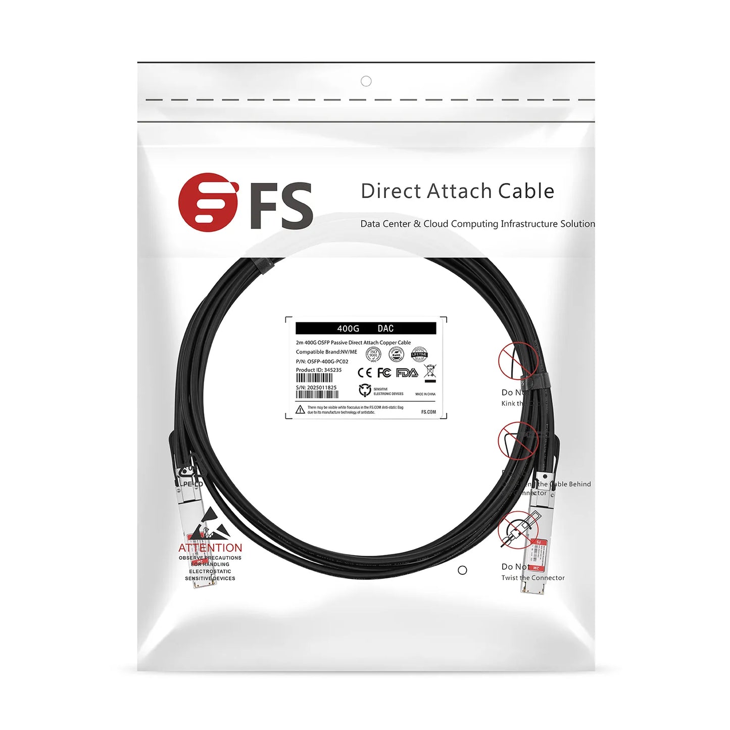 2m (7ft) NVIDIA/Mellanox Compatible 400G OSFP 8 x 50G PAM4 Finned Top Ethernet Passive Direct Attach Copper Twinax Cable