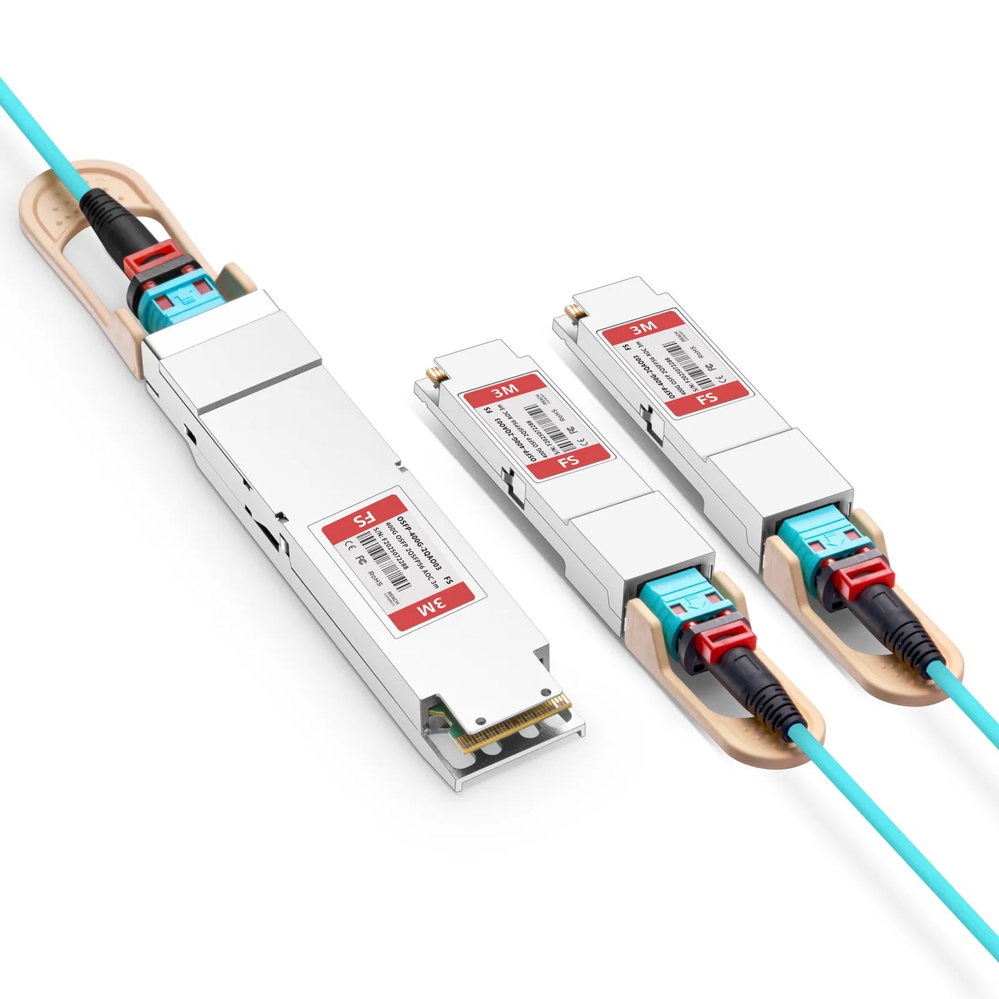 3m (10ft) 400G OSFP 8 x 50G PAM4 Finned Top to 2 x 200G QSFP56 4 x 50G PAM4 Active Optical Breakout Cable for FS Switches