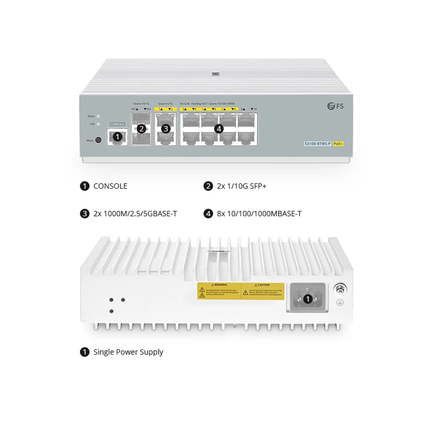 S3100-8TMS-P, 8-Port Gigabit Ethernet L2+ PoE+ Switch, 6 x PoE+ Ports, 2 x 5Gb PoE+ Ports@125W, 2 x 1Gb RJ45, with 2 x 10Gb SFP+ Uplinks, Broadcom Chip, Fanless