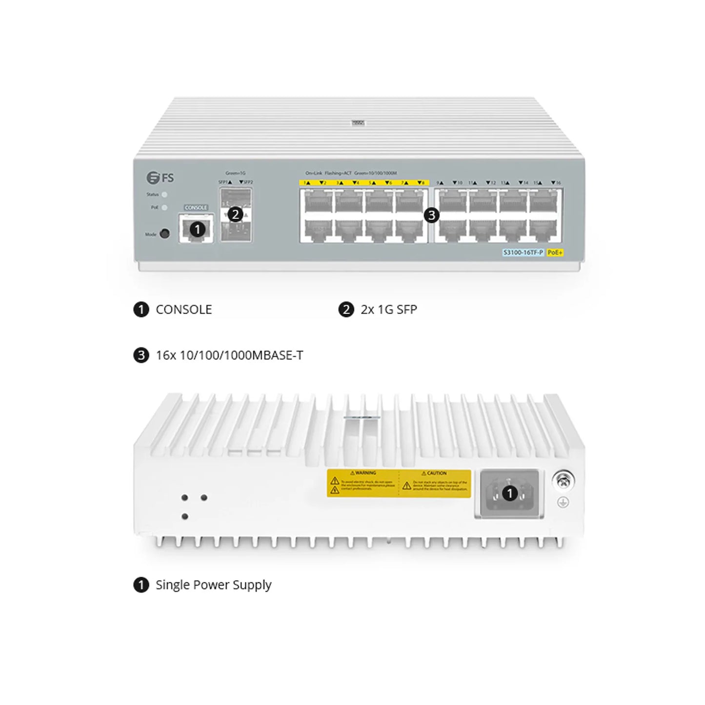 S3100-16TF-P, 16-Port Gigabit Ethernet L2+ PoE+ Switch, 8 x PoE+ Ports@125W, 8 x 1Gb RJ45, with 2 x 1Gb SFP Uplinks, Broadcom Chip, Fanless