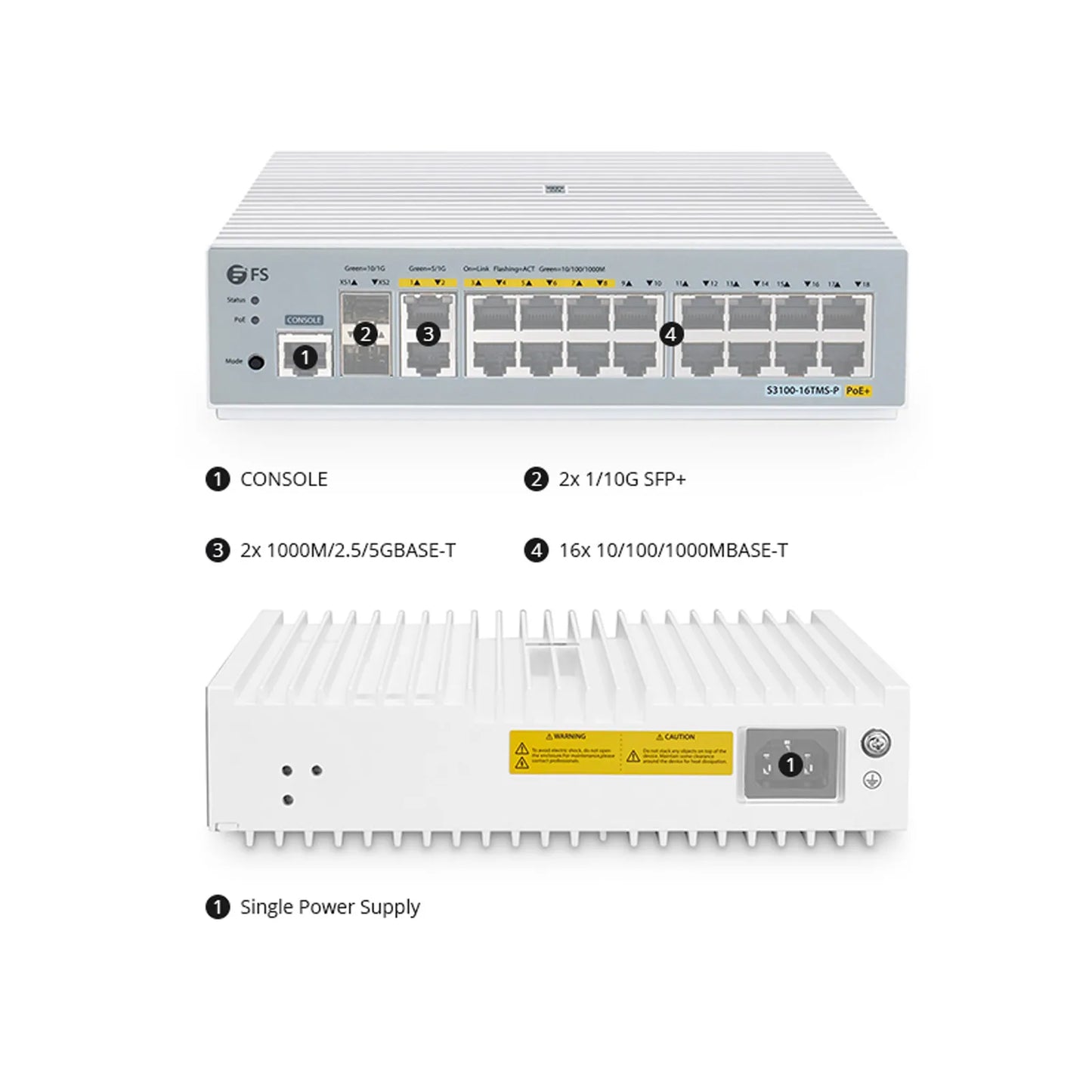 S3100-16TMS-P, 16-Port Gigabit Ethernet L2+ PoE+ Switch, 6 x PoE+ Ports, 2 x 5Gb PoE+ Ports@125W, 10 x 1Gb RJ45, with 2 x 10Gb SFP+ Uplinks, Broadcom Chip, Fanless